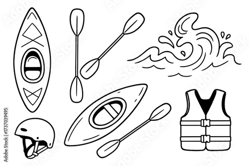 Kayak essentials doodle set. Canoeing gear vector illustration. Line art icon pack with boat, paddle, life jacket, helmet & wave. Concept for outdoor adventure & water sport.
