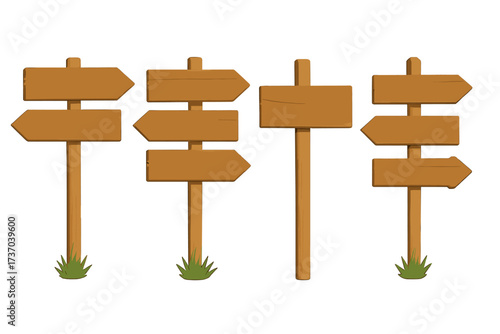 Wooden signpost collection. Vector set of rustic direction arrows. Blank wood roadsigns for guidance, choice, navigation. Cartoon empty signboard pointer for pathfinding.