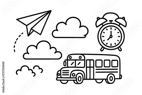 Back to school doodle icon set. Hand-drawn line art with school bus, alarm clock, and paper airplane. Education, learning, and morning routine concept vector illustration.