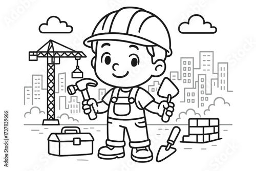 Cute cartoon construction worker boy with tools. Vector outline illustration for coloring book. Builder character on a city construction site with a crane and toolbox.