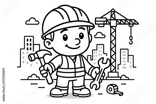 Cute construction worker outline for coloring book. Cartoon builder character with tools, hammer, wrench. Vector illustration of a little boy at a city building site with a crane.