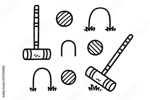Croquet game doodle icon set. Vector line art collection of summer outdoor sport equipment. Hand drawn cartoon illustration with mallets, balls, wickets, and hoops.