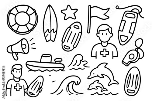 Lifeguard doodle icon set. Hand drawn beach safety and rescue elements. Lifesaving equipment, surf, boat, lifebuoy, whistle. Vector line art cartoon illustration collection.