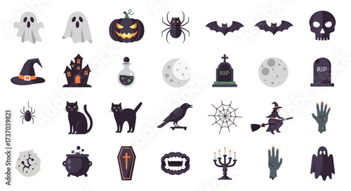 A set of spooky undead character and horror element vector icons perfect for Halloween designs, featuring gravestones, biohazard symbols, and zombie illustrations