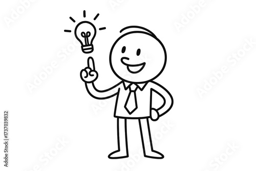 Businessman character has a great idea. Vector thin line doodle icon of a person with a lightbulb. Concept for creativity, innovation, solution, insight and inspiration.