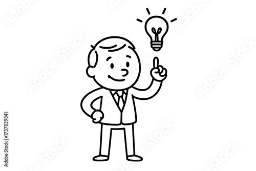 Businessman character has an idea. Line art vector icon of person with lightbulb. Concept for creativity, innovation, solution, inspiration, eureka moment, and discovery.