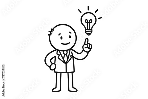Businessman character has a creative idea. Simple doodle stick figure with lightbulb. Concept for innovation, solution, inspiration and business success. Thin line vector icon.