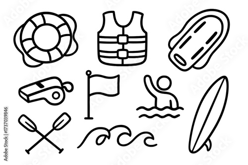 Lifeguard water safety icon set. Vector line art collection with lifesaving, surf, and rescue elements. Symbols for swimming, boating, and beach emergency. Doodle style.
