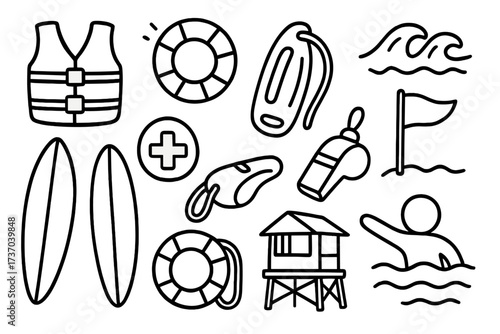 Lifeguard doodle icon set. Lifesaving and water rescue elements. Beach safety line art. Vector cartoon illustration with life vest, buoy, surfboard, tower, and whistle.