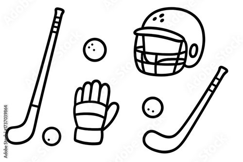 Floorball sports equipment doodle set. Vector cartoon illustration with sticks, balls, helmet, and glove. Line art for bandy, field hockey, or team game. Isolated icons.