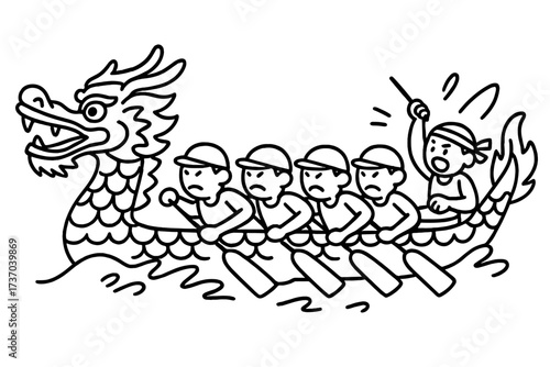 Dragon boat racing doodle. Team with paddles and drummer in dynamic outline art. Vector cartoon for Chinese festival. Traditional water sport competition and teamwork concept.