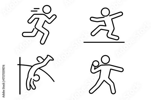 Athletics icons set. Linear pictograms of running, long jump, high jump, and shot put. Vector symbols for track and field sports. Minimalist design for competition events.