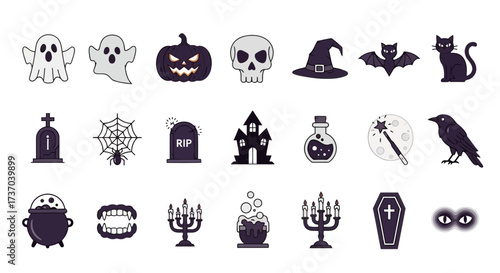 Collection of spooky and cute Halloween icons for holiday celebration. Vector set includes ghost, pumpkin, skull, witch hat, and other creepy symbols