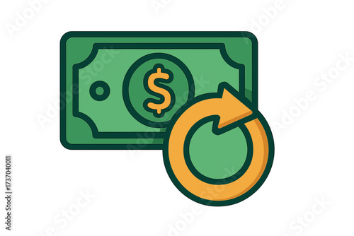 Cash back vector icon. Money refund symbol with dollar bill and return arrow. Concept for financial reward, loyalty program bonus, e-commerce, shopping, and banking.