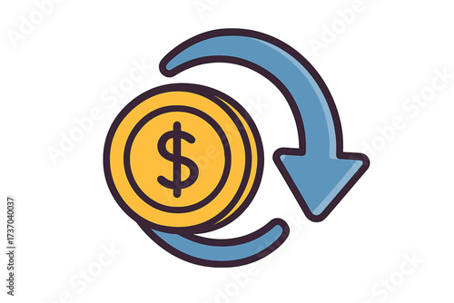 Cash back icon. Money refund symbol concept. Return arrow and dollar coin for finance, shopping reward and bonus program. Financial service vector illustration for promotion.