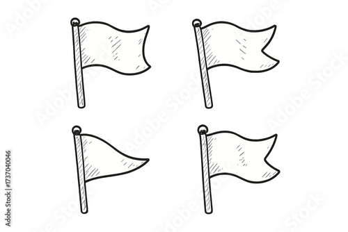 Hand-drawn flag icon set. Doodle sketch style banner and pennant collection. Waving flag vector illustration. Blank white flags for markers, location pins, and map points.