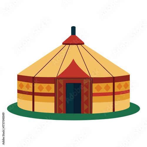 yurt tent with decorative patterns, pointed roof, and entrance door on green base.