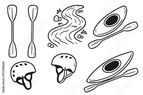 Hand-drawn canoeing elements collection. Doodle vector icons of a kayak, paddle, helmet, and river. Black and white illustration set for outdoor adventure and water sports.