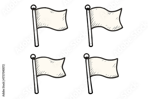 Hand-drawn white flag set. Doodle sketch icon. Surrender, peace, truce symbol. Blank banner for copy space. Waving flag vector illustration. Marker, destination, goal.