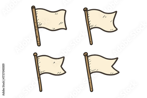 Hand drawn doodle flag set. Vector collection of waving banners. Vintage cartoon sketch style. Blank pennant for copy space. Map location marker pin icon. Retro element.