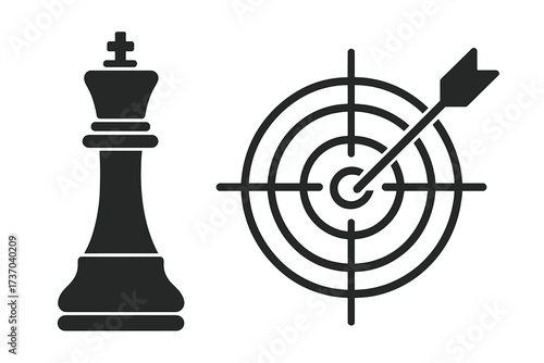 Chess king with target and arrow as business strategy metaphor. Concept for goal, success, aim, victory, challenge. Checkmate, strategic planning and achievement icon.