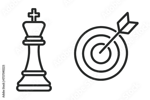 Business strategy icon set with chess king and target. Concept for goal, success, leadership, victory, checkmate, aim, marketing, precision, achievement and focus.