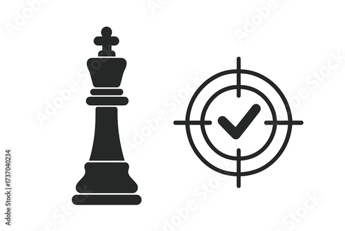 Chess king and target with checkmark vector icon set. Business strategy, success, and goal achievement concept. Checkmate metaphor for winning, leadership, and mission accomplished.