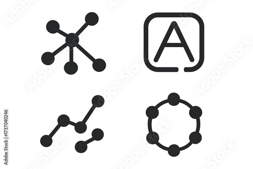 Abstract vector icon set. Hub and spoke network, data chart, circular connection logo, and letter A symbol. For business, technology, and communication apps. Isolated elements.