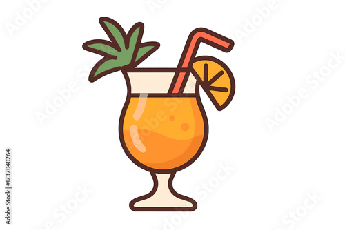 Tropical cocktail icon in flat style. Summer vacation drink sign. Vector cartoon illustration for a beach party bar menu. Fresh juice beverage with an orange slice. Isolated design.