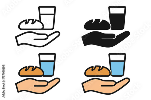 Charity icon set with hand giving food and water. Vector symbol for donation, help, and support. Concept for world hunger, poverty, and humanitarian aid. Basic necessities.