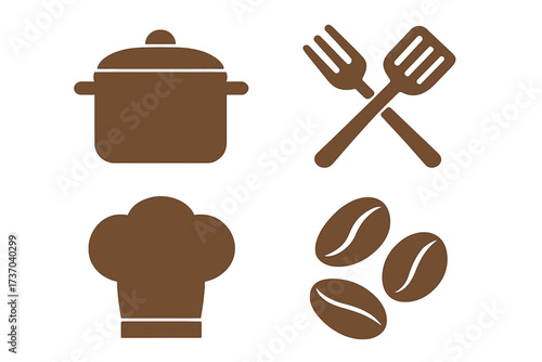 Kitchen and cooking icon collection. Vector symbols for restaurant, cafe, and gastronomy. Chef hat, pot, cutlery, and coffee bean silhouettes isolated for web and menu design.