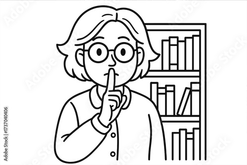 Librarian asking for silence in the library. Woman with glasses making a shush gesture. Concept of quiet, secret, rules, and knowledge. Vector line art cartoon illustration.
