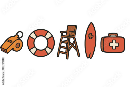 Lifesaving equipment icon set. Vector cartoon illustration of lifeguard tools. Whistle, life ring, lifeguard stand, surfboard, first aid kit. Beach safety and emergency rescue.