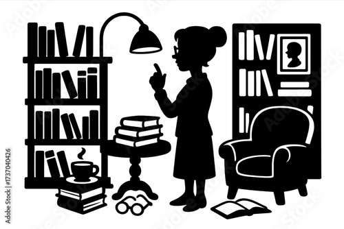Librarian silhouette in cozy library. Woman reading book in home office. Vector illustration for education, knowledge, and study. Bookshelf, lamp, chair furniture set.