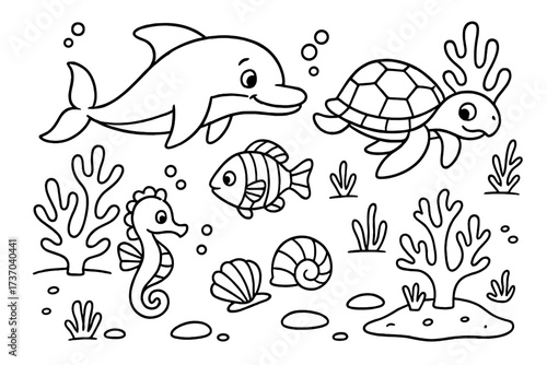 Marine life coloring page for kids with cute sea animals. Underwater cartoon vector set with dolphin, turtle, fish, seahorse, coral, and shells. Outline doodle for activity book.