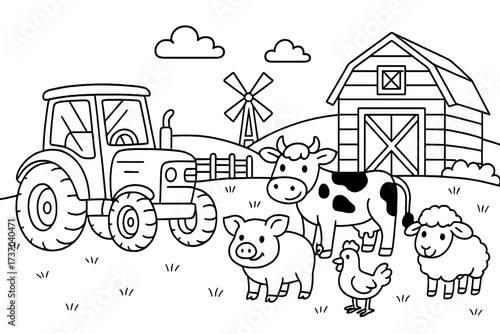 Farm scene outline for coloring book. Cute cartoon animals, tractor, barn and windmill in a rural landscape. Vector illustration for kids. Agriculture and farming concept.
