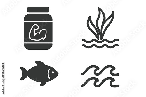 Protein and sea icon set. Vector collection of fitness supplement, fish, seaweed and wave symbols. Natural nutrition, bodybuilding and seafood concept for graphic design.
