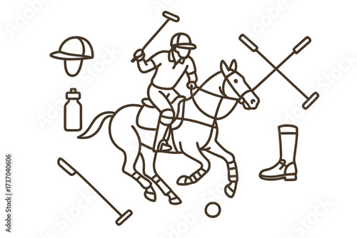Polo sport equestrian game outline icon set. Player on horse with mallet, ball, helmet and boot. Vector line art illustration for competition, club or championship design.