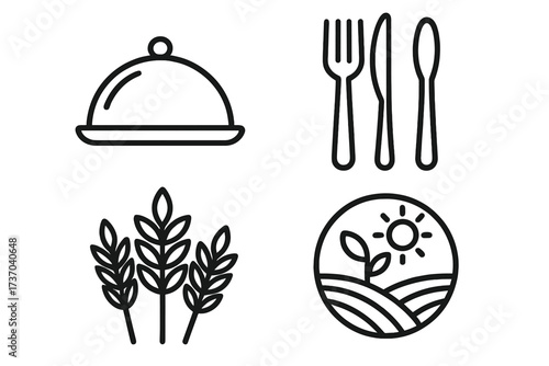 Farm to table icon set. Food and agriculture symbols. Restaurant cloche, cutlery, wheat grain and field. Organic farming, harvest and healthy meal concept. Line art vector.