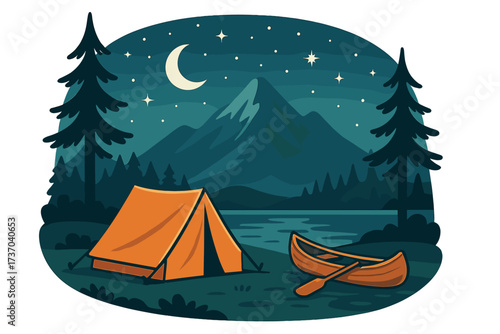 Camping night landscape with tent and canoe. Vector illustration. Outdoor adventure in nature. Mountain lake scenery under a starry sky. Wilderness travel and recreation concept.