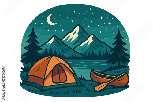 Serene night camping scene with tent and canoe by a lake. Mountain landscape under a starlit sky. Outdoor adventure, travel, and wilderness exploration concept. Vector cartoon.