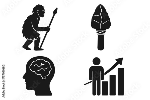Human evolution vector icon set. Concept of sapiens development from primitive stone age to modern progress. Caveman, ancient tool, brain intelligence and business growth icons.