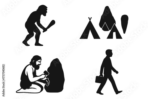 Human evolution icon set from caveman to businessman. Development and progress concept. Stone age, primitive tool maker, homo sapiens. Modern man. Vector silhouette collection.