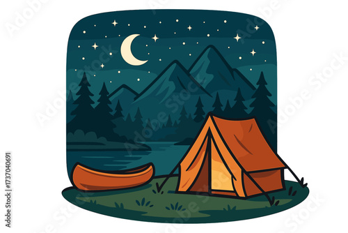 Serene camping night scene with glowing tent and canoe by a mountain lake. Outdoor adventure in wilderness. Starry sky with moon over forest landscape. Vector cartoon illustration.