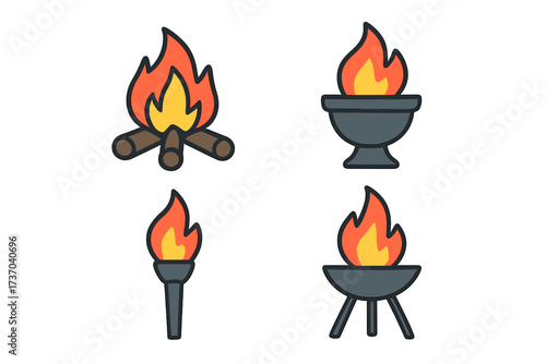 Fire icon set with campfire, torch, and ceremonial brazier. Vector illustration of flames for logos. Flat symbols for camping, ancient games, or outdoor adventure concepts.