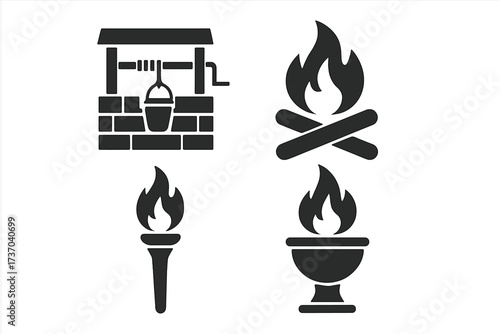 Fire and water vector icon set. Collection of primitive symbols including a torch, campfire, ceremonial flame and ancient water well. Concept for elements, power, history.