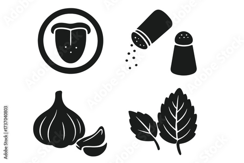 Taste and seasoning icon set. Tongue sense, salt pepper shaker, garlic, herb leaf. Food flavor, spice, cooking ingredient symbol collection. Vector glyph illustration for web.