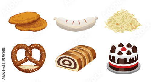 Vector art of collection of german food items including schnitzel, sausage, sauerkraut, pretzel, roll cake, and cake