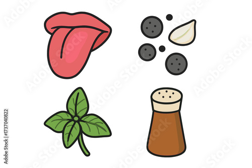 Taste and seasoning icon collection. Vector set of flavor symbols for cooking. Tongue, salt shaker, pepper, garlic, and fresh basil leaf. Food ingredient and spice concept.