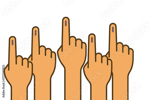 Indian election voting concept. Hands with inked fingers. Voter participation symbol. Democracy, citizen duty, choosing government. Flat style vector icon illustration sign.